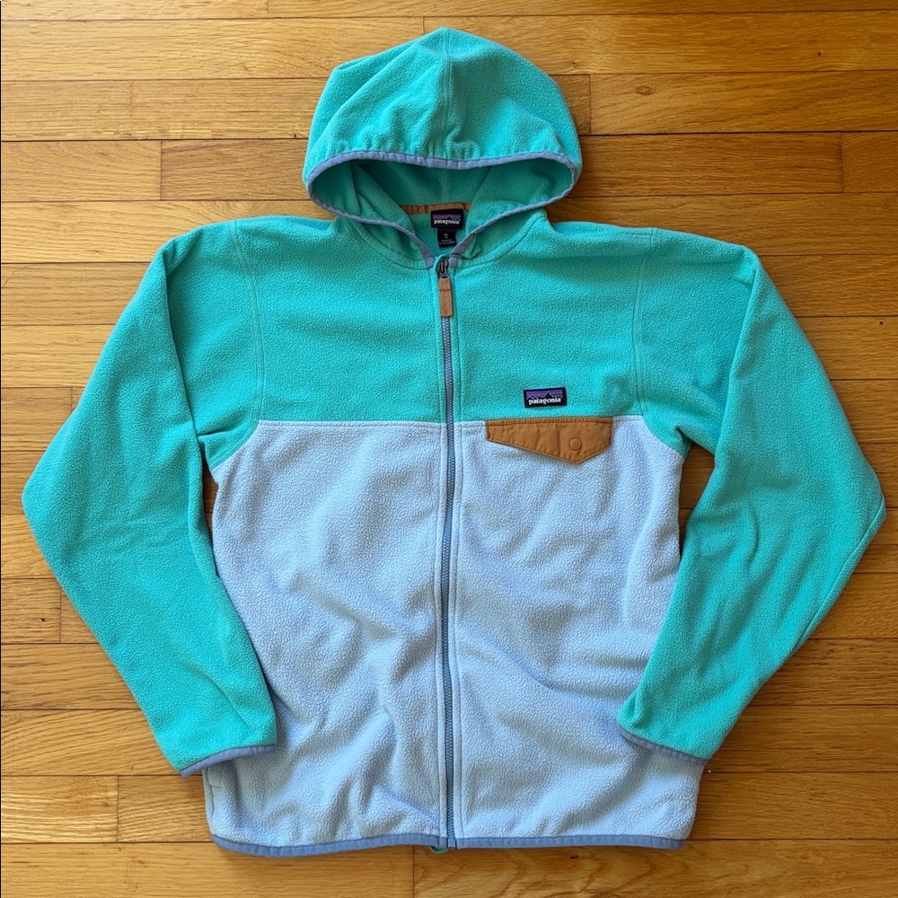 Patagonia Kids 14 XL Micro D Snap T Fleece Hoodie Jacket - Green & Light Blue